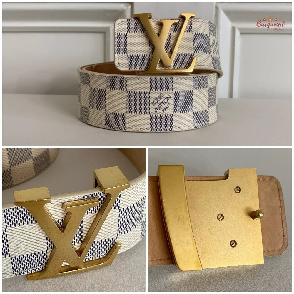 Authentic Louis Vuitton Damier Azur Canvas Leather Gold LV Initials Belt 85/34 - Picture 2 of 12